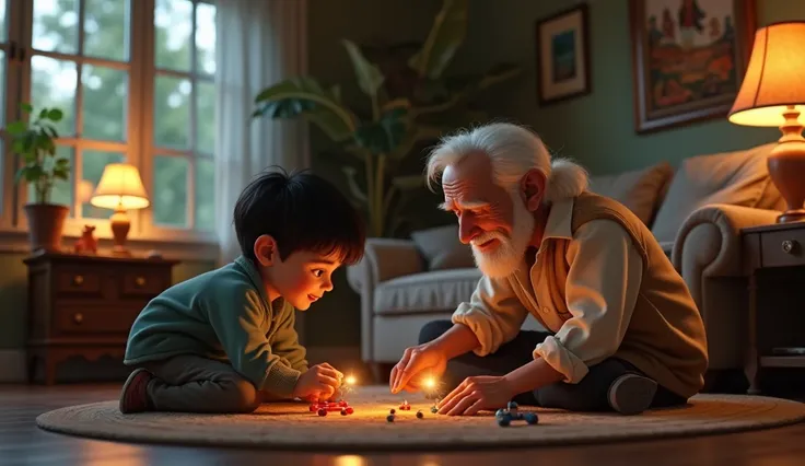 with black hair and a faded style is playing with his toys on the living room floor in a very peaceful environment. The scene is portrayed in 3D Pixar, highlighting both the space and the people.### Prompt Description

In a calm and relaxing environment, s...