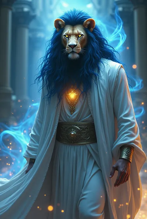 a man with a lions head, a golden jewel in the middle of his forehead, strands of dark blue hair, white clothing, a white coat tied to the side, sparkles of light around, blue and golden energy, photorealistic, highly detailed, cinematic lighting, dramatic...