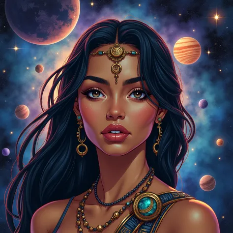 Realistic comic-like images of the face of a beautiful Aztec woman against a background of planets and the cosmos creation