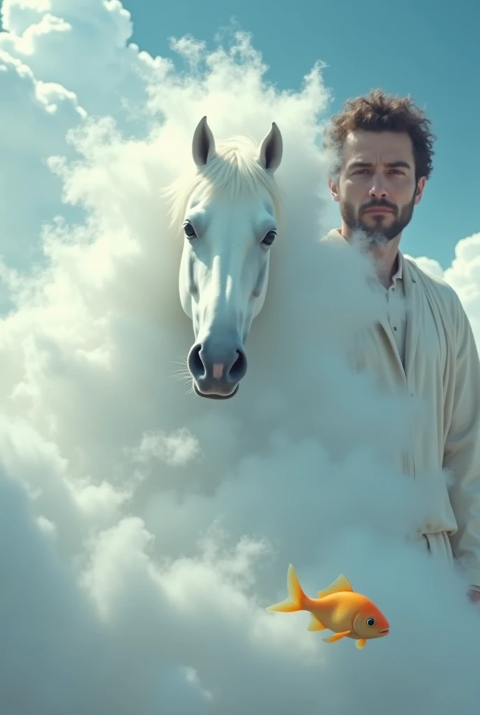  He creates an image of the clouds in the sky from which a white horse is formed seeing only his head because the rest of his body is hidden between the clouds and a single yellow fish under the horse, And behind the horse a man whose only face can be dist...