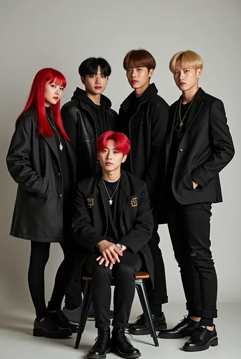  K-pop group :

 Kou  (Women):

bright red hair,  dark fitted jacket .

 x} long and straight or wavy :  sitting on a stool in the center ,  black stockings and ankle boots ,  tight dark jacket .

 accessories:  sunglasses or leather bracelet .

 perhaps w...