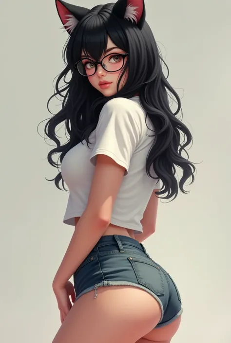 A girl with cat ears with black hair wearing glasses in shorts and a T-shirt and with big curves