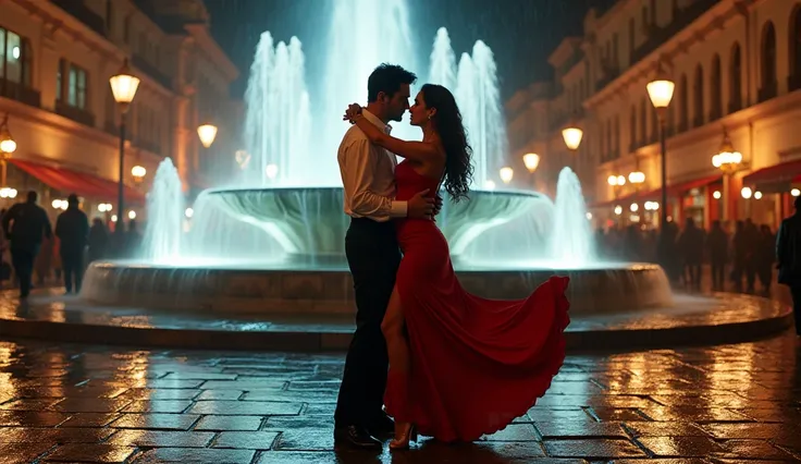 "(((full-body))) A couple dancing tango passionately in the rain in a cobblestone square at night in the heart of a bustling city, neon lights reflecting off the pavement, the couple is pictured full-length in the shot. The scene is set against a very intr...