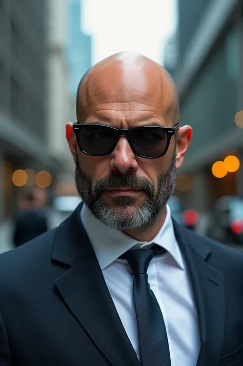  with beard and sunglasses, bald businessman  