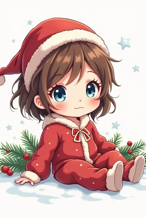 Create an image of a baby girl with brown hair, blue eyes/gray.  
La petite fille sera joyeuse, vetu d’un petit pyjame de noël.
Le tout sera en version dessin anime. 
Elle sera assise a cote des rennes du pere noel. 
Le decor autour de la petite fille sera...