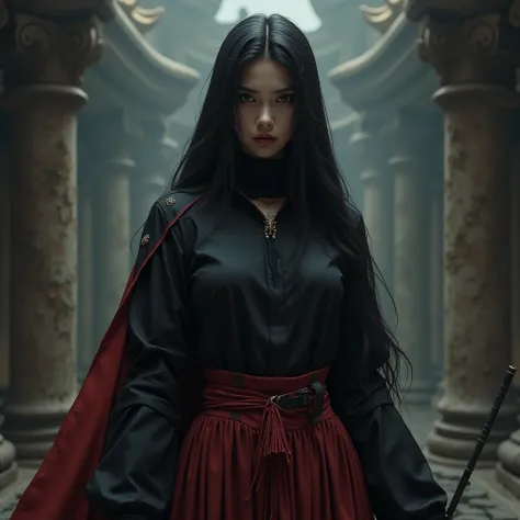 Create a female necromancer witch, maintain a cold and mysterious aura, half of her face should be covered by a mask or the long collar of a black and red blouse. Clothing should be looser and more contemporary, combining Asian styles such as ninja and sam...