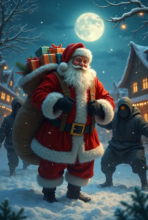 A Santa Claus with gifts and thieves 

