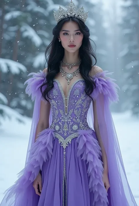  realistic , queen of winter in a violet dress , dark hair  , crown jewelry  , snow  