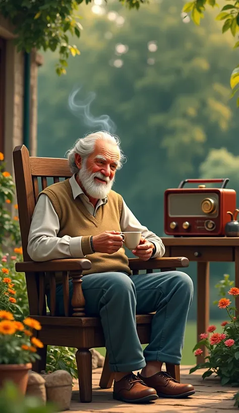 wallpaper of an old man sitting in a wooden chair drinking tea , That in the background there is a wooden table with a radio and a kettle  , That it is in a lively garden