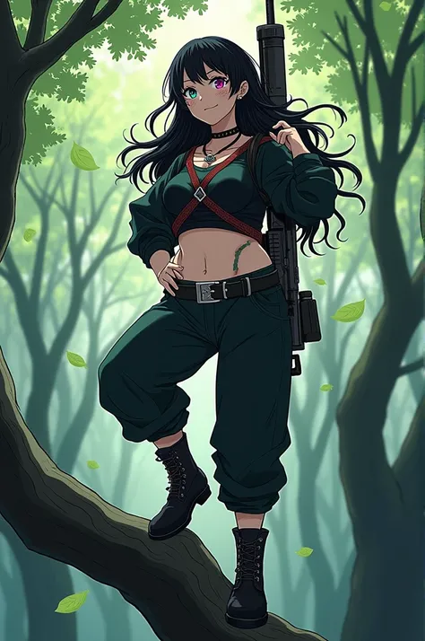  Kimetsu no Yaiba screenshot.
29 year old girl. Skinny ,  flirty and sensual face .  Loose wavy black hair with litmus tufts up to the groin. heterochromatic eyes,  one of neon turquoise , And another fuchsia .  freckles on the cheeks .  Slightly sturdy ho...