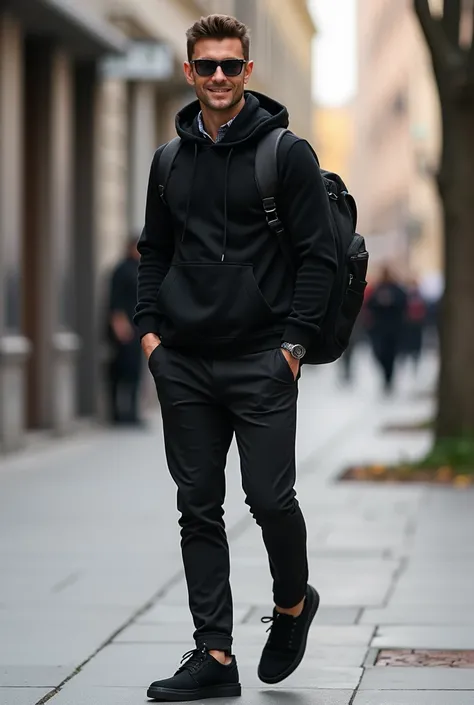 also (man 1):

 dark chino pants .

 Urban and modern look :  Black hoodie,  Elegant and modern style ,  black sneakers.

 accessories:  sunglasses or backpack .

 Charismatic attitude ,  maybe smiling .