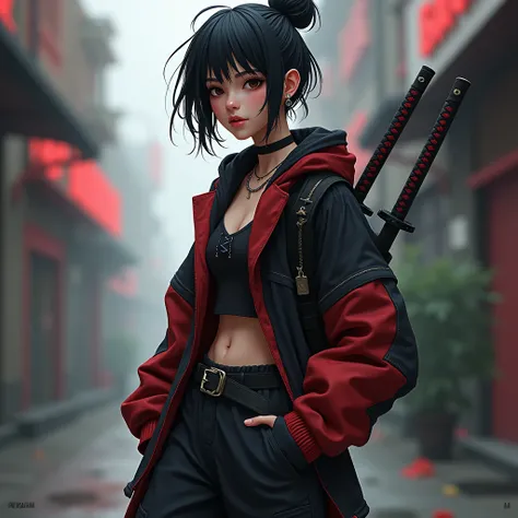 A teenage female witch, she must have the latest style, such as baggy clothes, two katanas attached to their sheaths on the witchs back, looser clothes like pants and a high-necked blouse, techwear style, clothes in red and black color 