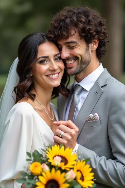 Create an engaged couple ,  with the medium-long bride with curls at the ends of her dark brown hair and From the eyebrows,  with dark brown eyeliner makeup and lashes , with a smile,  white dress with a pearl veil , with a ring on the finger,  holding a b...