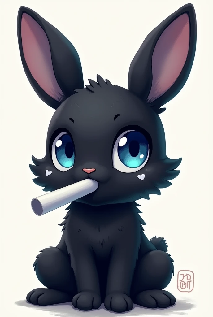 Create an illustration of a black rabbit ,  with eyes with blue and black  (each eye ) the white tube and a white heart spot on the left side and a spot on the head