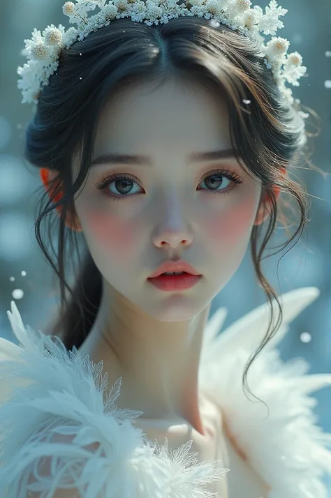 Snow white with beautiful angelic symmetrical and white face.