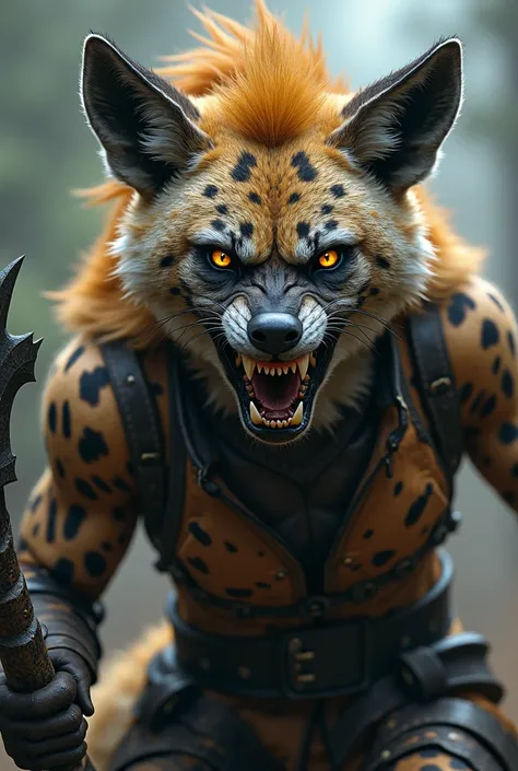 8K HD,  A hyena-woman hybrid with spotted fur, glowing yellow eyes, and a fierce grin. She wields a jagged mace, her rough leather armor emphasizing her wild beauty and ferocity.