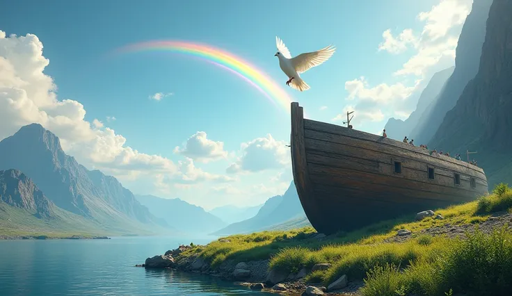 "A peaceful scene depicting Noah Ark resting on the mountains of Ararat as the floodwaters slowly recede. The sky is clearing, with a radiant rainbow arching over the landscape, symbolizing Gods promise. In the foreground, a dove is seen flying back to the...