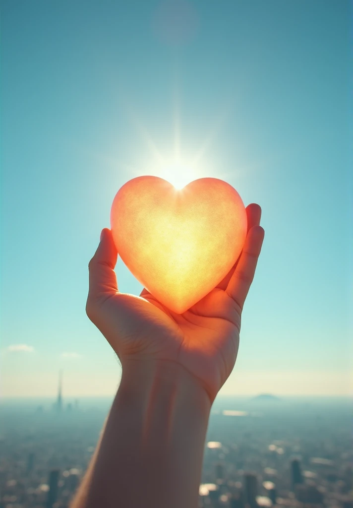 Realistic photography style. Side view of a sunny, clear, well-lit sky with a hand holding a giant heart-shaped glowing object in the sunlight. In the background is a clear, crisp blue sky and the sprawling city below.