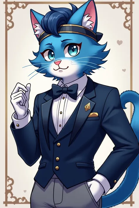 furry cat, Furry male cat ,  blue fur ,  dark blue hair with elegant hairstyle and a headband,  elegant butler suit , dark blue elegant tuxedo vest ,  dark shoes , grey pants,  white gloves ,  flirty smile, Anime style, arte conceptual,  full body