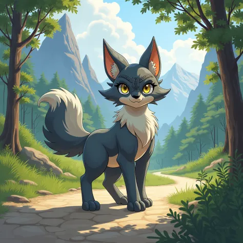 (highly detailed illustration:1.2), best quality, masterpiece, solo, natural lighting, protogen, (protogen face:1.1), (protogen visor:1.1), tail, torso, yellow eyes, glossy fur, glossy hair, gray fur, standing, gravel road, winding road, windy, windy leave...