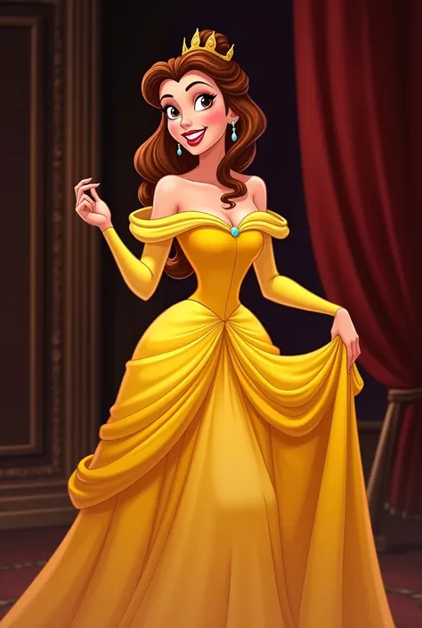 Disney princess Belle reimagined as an evil villain in disney animated style. It should be the same as Belle, but just give her a makeover of a villain. She is wearing yellow with an apt background. Make it in disney animation style 