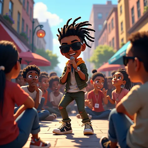 animation cartoon of young mean black man dreadlock, sneakers, black sunglass, singing music in the street with people sitting around in the background