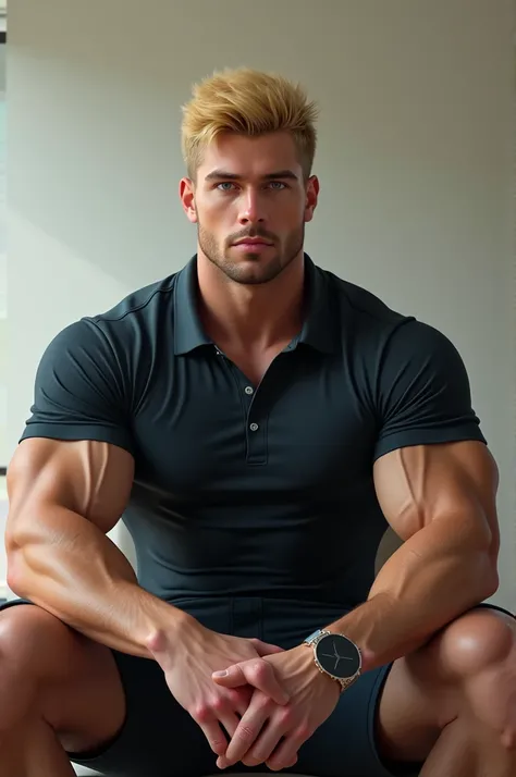 Blond man sitting with tight polo shirt with strong arms
