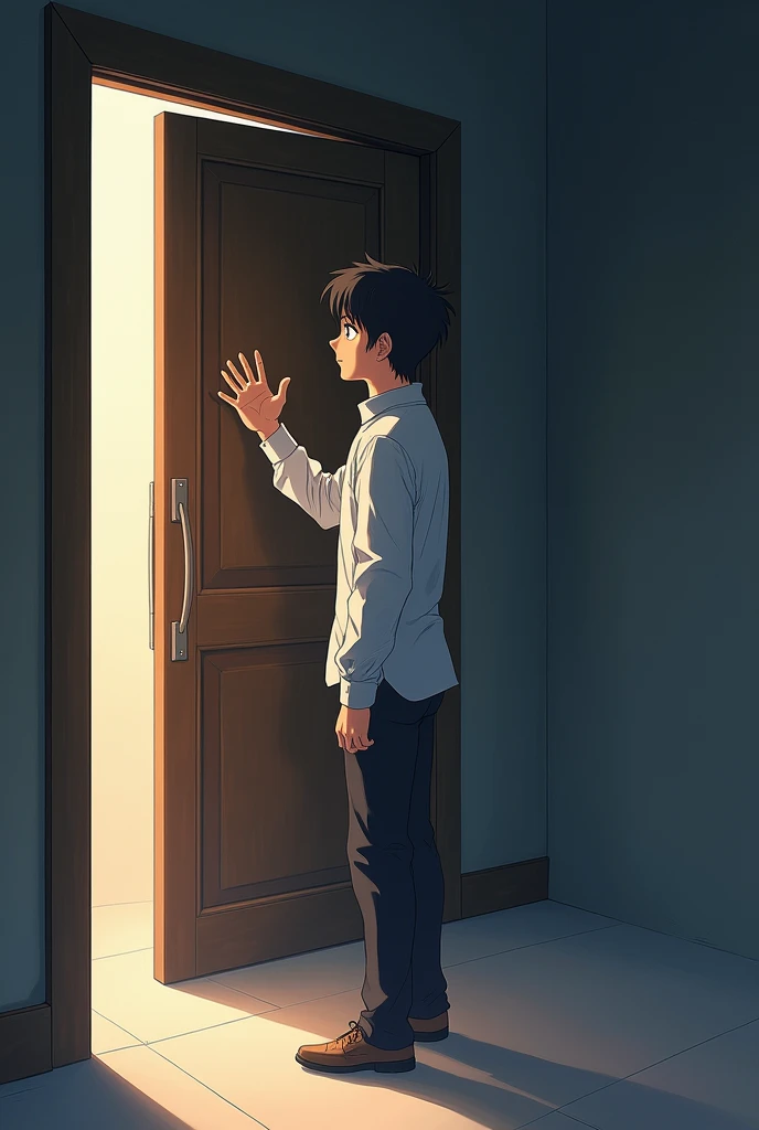 man standing in front of a door touching it with his right hand. Anime.