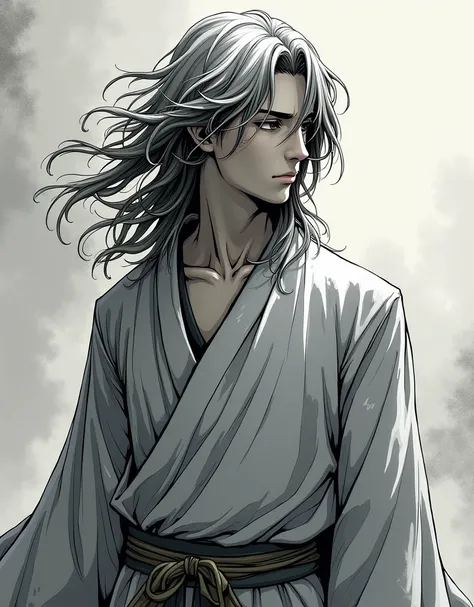 Japanese manga style.
Drawing of a stone statue of a young man with long hair. 
dramatic. 
