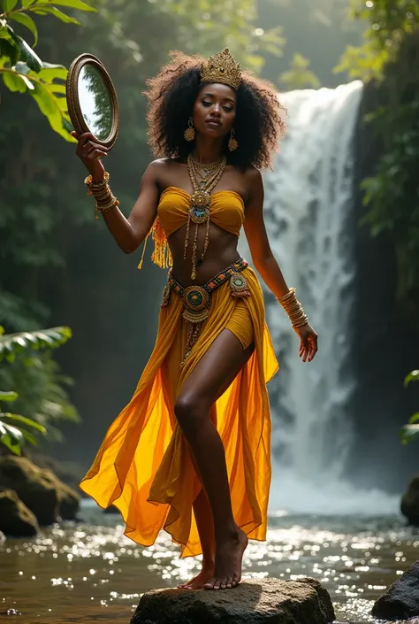  A beautiful black woman around 35 years old ,  full curly hair ,  dressed in yellow and gold fabrics , props like earrings , cords, bracelets, crown, stones, standing dancing on a rock inside a waterfall with feet underwater and with a mirror in hand look...