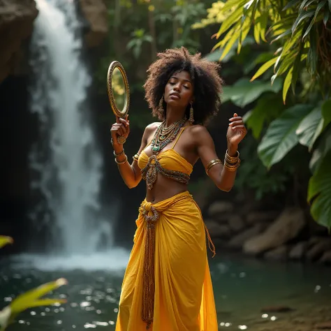  A beautiful black woman around 35 years old ,  full curly hair ,  dressed in light yellow and gold fabrics , props like earrings , cords, bracelets, crown, stones, standing up doing a typical African dance ,  next to a rock inside a waterfall with your fe...