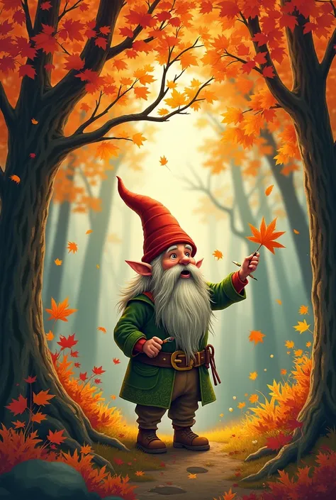 Create an illustration for a fairy tale. A gnome paints autumn leaves on trees