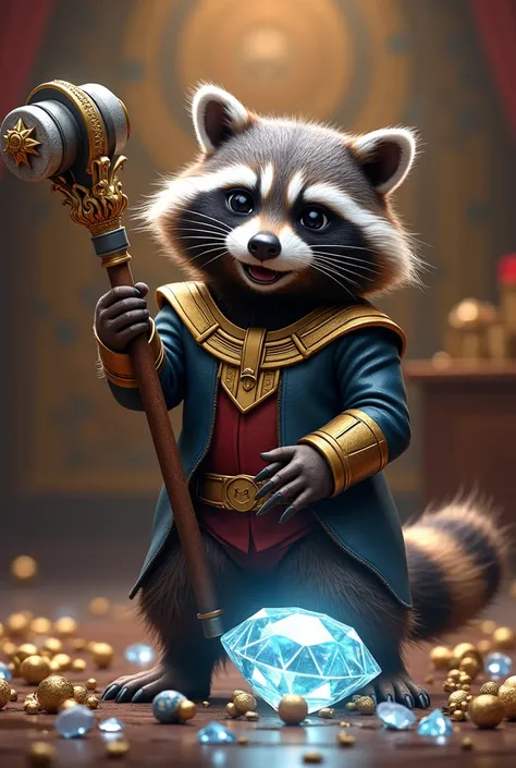 A funny raccoon wearing a thanos suit, smashing a precious diamond with a mace in her hand