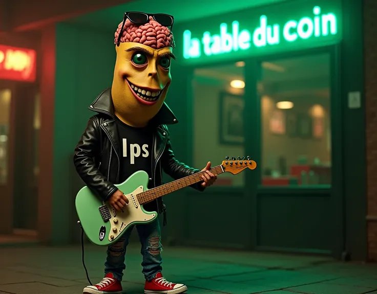 A lobotomized peanut with visible brain on top of head, Caucasian type, mean look, sunglasses, black biker jacket, black t-shirt written "LPS", ripped jeans, red sneakers, holding a light green Fender Telecaster guitar; in front of  restaurant "La Table Du...