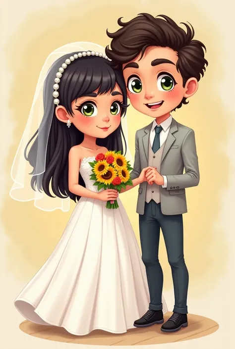 Create an engaged couple , with the bride with long straight hair ,  with brown black hair and bangs on her forehead ,  eyes half drawn with eyeliner makeup, black eyes and eyelashes , with a smile,  white dress with a pearl veil , with a ring on the finge...