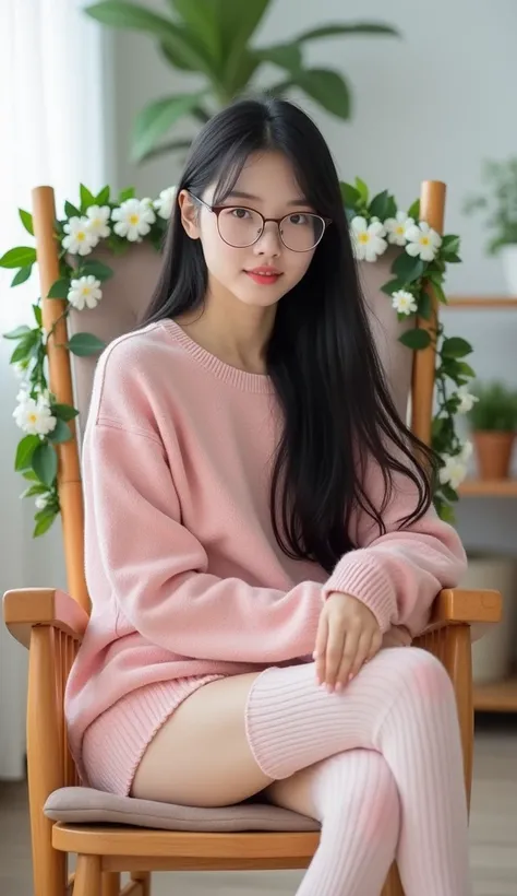 A young Asian woman sitting in a cozy atmosphere, with long black hair and round glasses, wearing cozy pink clothes showing her panties, including high knitted stockings. She is posing in front of a rocking chair decorated with white flowers and green leav...