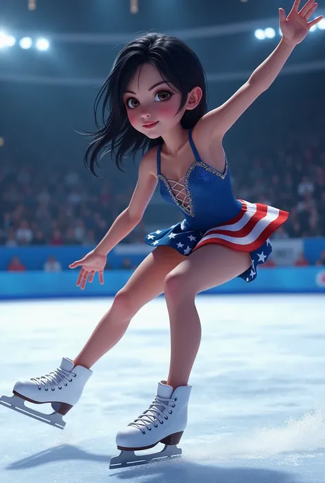 Create a 17-year-old girl with straight black hair and white skin who looks like shes from the United States and is in an ice skating competition where she looks cute and elegant but at the same time rude, Let it be seen that the traits of the United State...