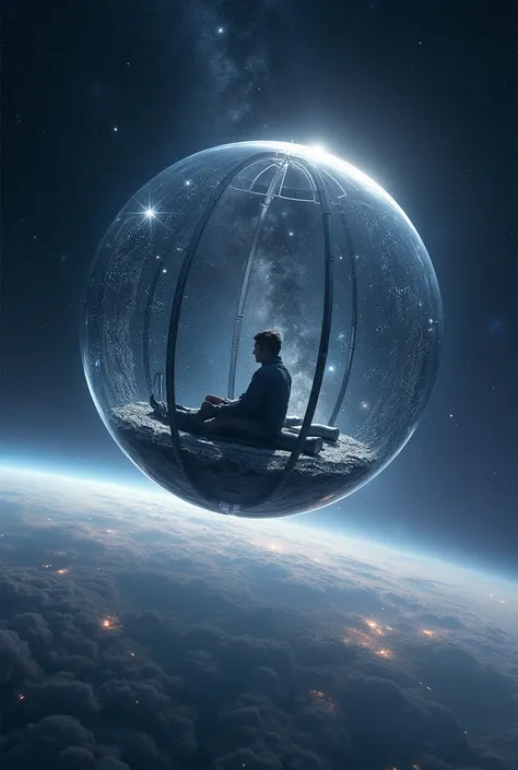 (mejor calidad,  masterpiece ,  photorealistic, elaborate details:1.2),  side view, a space traveler in the cabin of a single, transparent crystal sphere navigates alone in the empty immensity of the edge of the universe, stars, galaxies, Nebulae