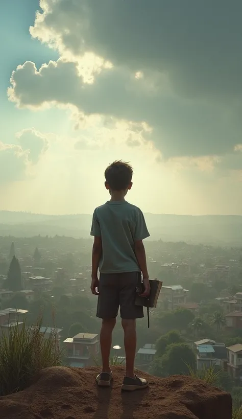 A young individual (boy or girl) standing on a hill overlooking a sprawling village, holding a symbolic object (a book, tool, or personal item), with a dramatic sky in the background, representing resilience and the pursuit of a better future