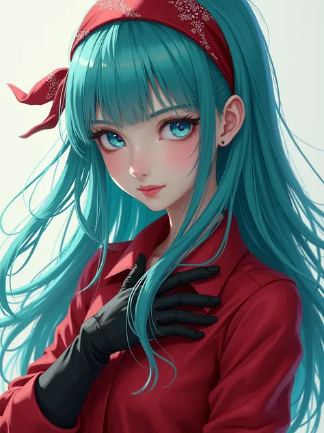 best quality, (masterpiece),(ultra-detailed), (high quality), (high resolution), 1girl, aqua hair, blue eyes,  brapan,  gloves,  long hair, red shirt, solo,bandana, upper body,