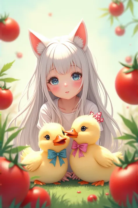 A white-haired girl with cat ears ,  with ducks that have bows around them and some tomatoes, in anime style 