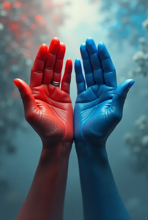 Right hand red and left hand blue
