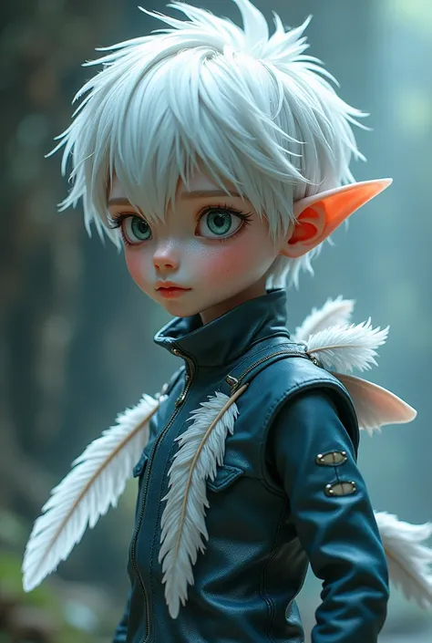 Boy with fringed white hair , cyberpunk outfit, with shark tail , white feather around his neck and ears that look like fish fins