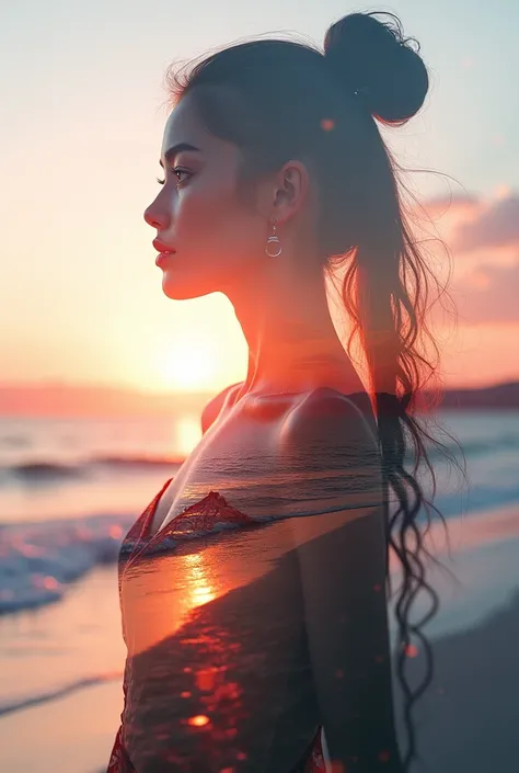 high quality, 8K Ultra HD, A beautiful double exposure that combines an goddess silhouette with sunset coast, sunset coast should serve as the underlying backdrop, with its details incorporated into the goddess , crisp lines, The background is monochrome, ...