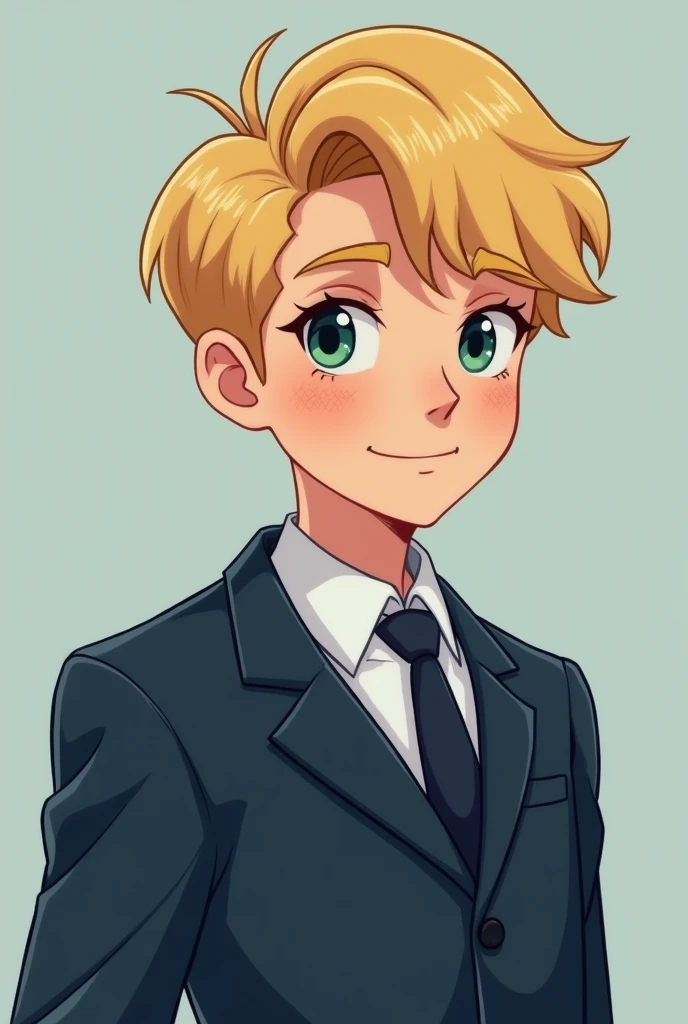  a twenty-three-year-old , Cropped blond and green-eyed hair, in a dark blue suit,  simple background ,  freckles on the cheeks Realistic , Ultra HD, retina,  illustration, Realistic showing up to the Ultra HD abdomen, 