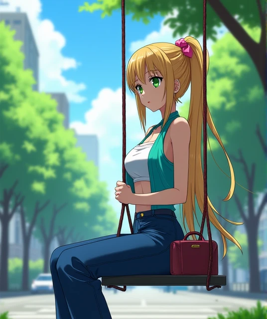 ‎Una 17-year-old anime-style lady , To Love Ru,  sitting on a swing inside a huge park with trees around her ,  there are few cars on the street and people in the surrounding area in a neighborhood in the city of Tokyo during the day, she measures 1, 69 cm...