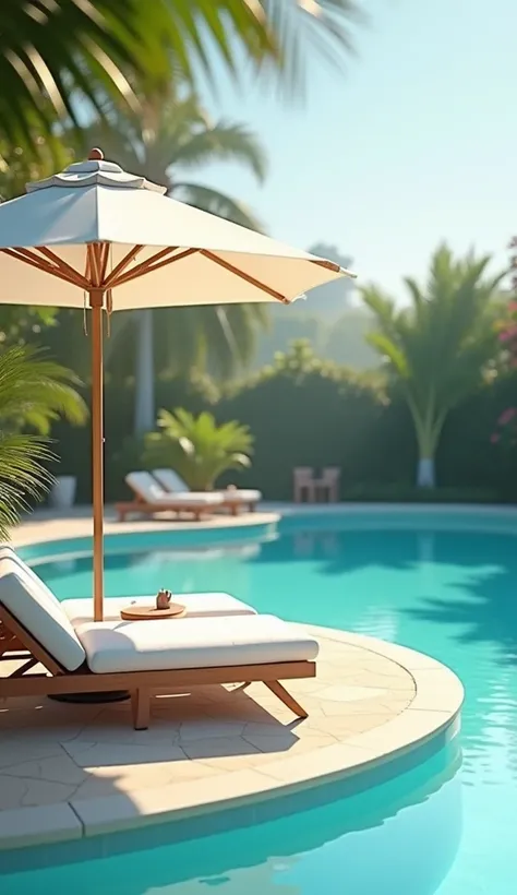 A serene poolside scene featuring a comfortable lounge chair under a sun umbrella, with a tranquil blue swimming pool in the background. The atmosphere is peaceful, with soft sunlight and a few tropical plants around, evoking relaxation and calm. Highly de...