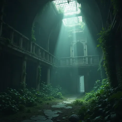 Ruins,  old abandoned orphanage full of plants .  From the collapsing ceiling, a beam of light enters diagonally illuminating the gloom.  Fantastic animals roam through the dark gloom full of mystery. Its a large place that causes terror when we enter .  T...