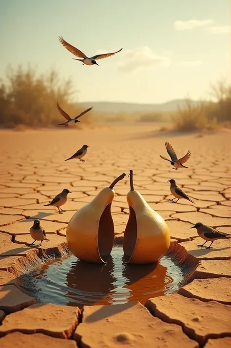  Daytime image in the northeastern Brazilian hinterland   , with cracked earth    ,    Gourd broken in half with some water and some birds drinking the water on top of the gourd and some birds flying