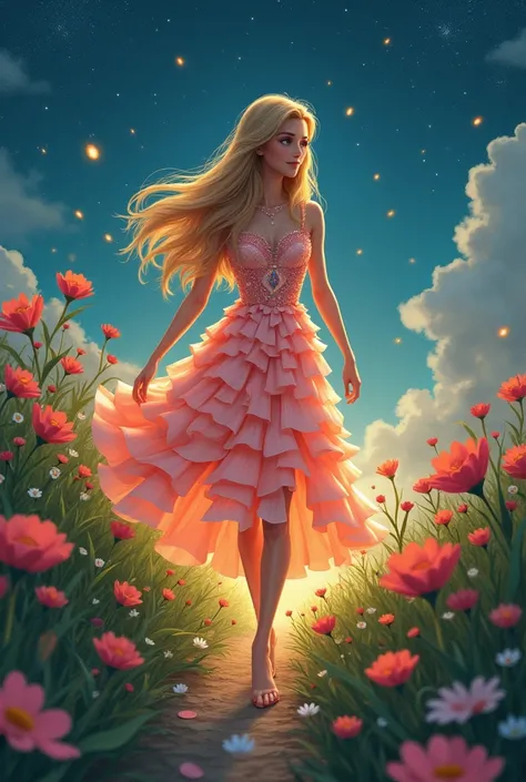 Realistic style: Princess of the Garden of Eternal Flowers

 Description: A teenage princess with long, golden hair ,  wearing a dress made of flower petals .  walks among an infinite garden of magical flowers that glow in the dark.
    Scenery:  A field o...